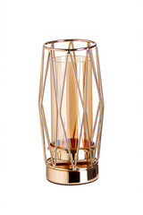 Subject shot of a golden candle holder made out of gold metal and tinted glass. The designer candle holder is isolated on the white background.