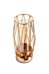 Subject shot of a golden candle holder made out of gold metal and tinted glass. The designer candle holder is isolated on the white background.