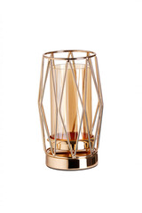 Subject shot of a golden candle holder made out of gold metal and tinted glass. The designer candle holder is isolated on the white background.