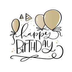 Happy birthday modern calligraphy design with gold party balloons.