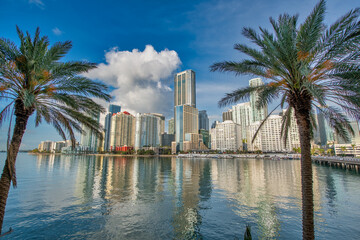 Fototapeta na wymiar Downtown Miami morning skyline as seen from Brickell Key Bridge.