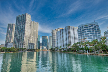 Obraz na płótnie Canvas Downtown Miami morning skyline as seen from Brickell Key Bridge.