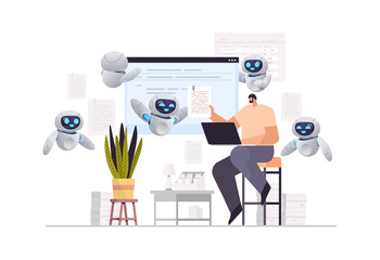 man and robots article editors writing publicity post journalist using laptop copywriting selection verification