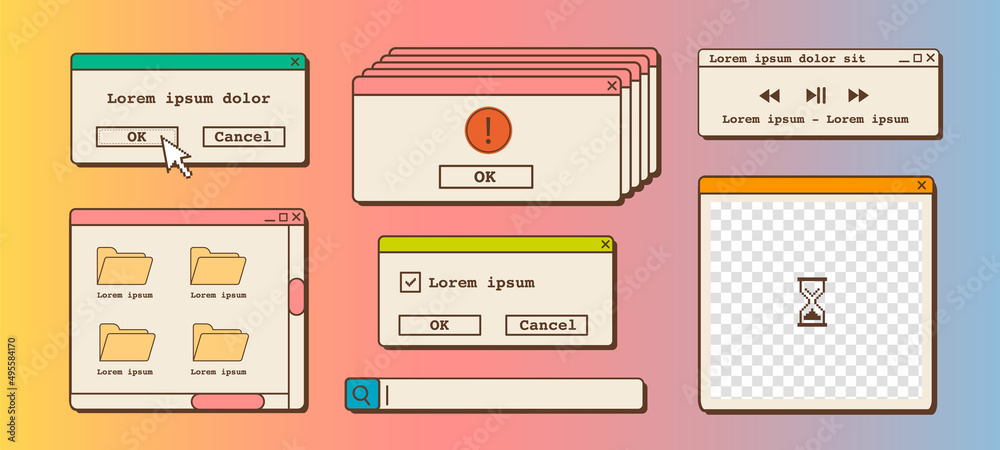 Poster vector set of 90s old desktop user interface elements. nostalgic retro computer ui ux, vintage aesth