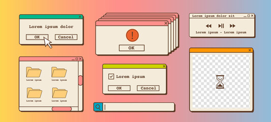 Vector set of 90s old desktop user interface elements. Nostalgic retro computer ui ux, vintage aesthetic icons and dialog windows. Vaporwave and retrowave style old computer aesthetics. Illustrations.