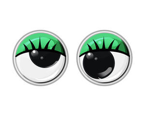 Toy plastic eyes with eyelashes and green eyelids. Vector cartoon illustration on a white isolated background