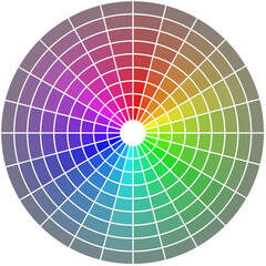 Color wheel of tones of 24 colors. Colorful scale by adding grey to hues and mixture of pure colors.  RGB model. Variety of muted desaturated nuances, graphic tool for design and color combinations.