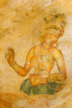 5th Century rock painting of a semi nude woman at Sigiriya, Sri Lanka