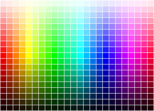 Color table of 24 hues, darker shades on bottom and lighter tints on top of the chart. Colorful scale by adding black or white to primary colors. RGB model, variety of colors, tool for combination.