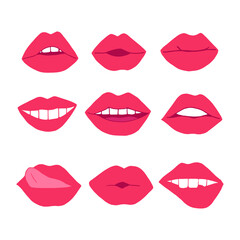 lips with pink lipstick set icon. mouth vector illustration hand drawn in cartoon style.
