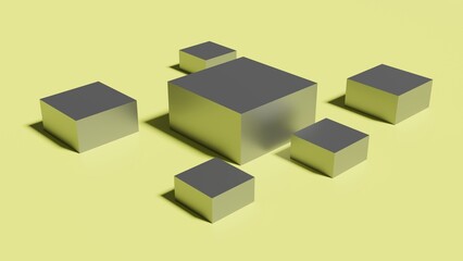 Several metal steel cubes on a yellow plane. Abstract geometric set concept. One main and several auxiliary. 3d illustration