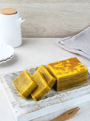 Lapis Legit, Spekuk, Spekkoek, is a delicious Indonesian cake, consists of many layers.  Close up
