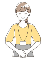 お辞儀をして挨拶をするカジュアルな女性オフィススタッフ（上半身）