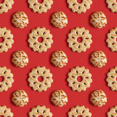 Seamless pattern with Passover wine cookie and coconut macaroons for Jewish holiday Pesach (Passover) on red background.