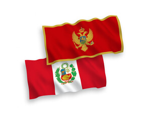 National vector fabric wave flags of Montenegro and Peru isolated on white background. 1 to 2 proportion.