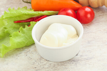 Organic mayonnaise sauce in the bowl