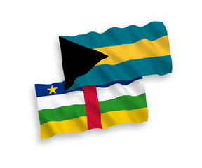 National vector fabric wave flags of Central African Republic and Commonwealth of The Bahamas isolated on white background. 1 to 2 proportion.