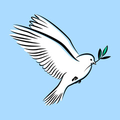 Fototapeta premium Silhouette of a flying dove with olive branch. White pigeon doodle. Vector illustration