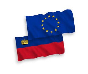 National vector fabric wave flags of European Union and Liechtenstein isolated on white background. 1 to 2 proportion.