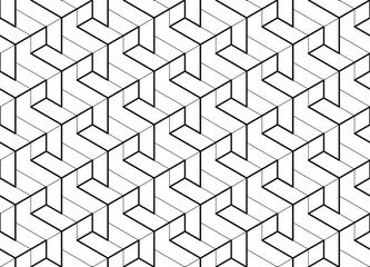 Contemporary abstract 3d stepped effect rectangular block shapes in a repeating geometric pattern of thick and thin black outlines against a white background, vector illustration