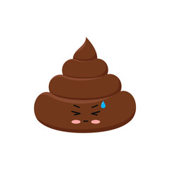 Poop cute tense trying excrement character cartoon emoticon isolated on white background. Kawaii hardened feces brown heap of shit emoji. Flat design vector clip art baby poo with face illustration.