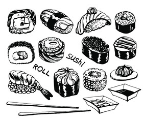 Sushi set. Black and white illustration. Vector clipart
