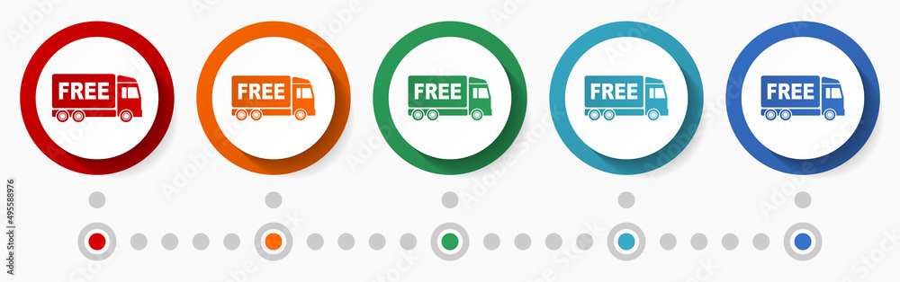 Aufkleber truck, free delivery concept vector icon set, flat design colorful buttons, infographic template in 