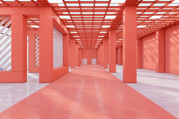 Abstract spacious red industrial warehouse interior with city view and daylight. 3D Rendering.