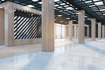 Bright spacious wooden and concrete industrial warehouse interior with city view and daylight. 3D Rendering.