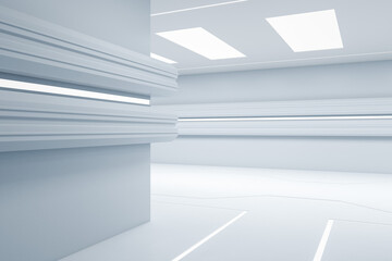 Creative futuristic white corridor. Design and hallway concept. 3D Rendering.