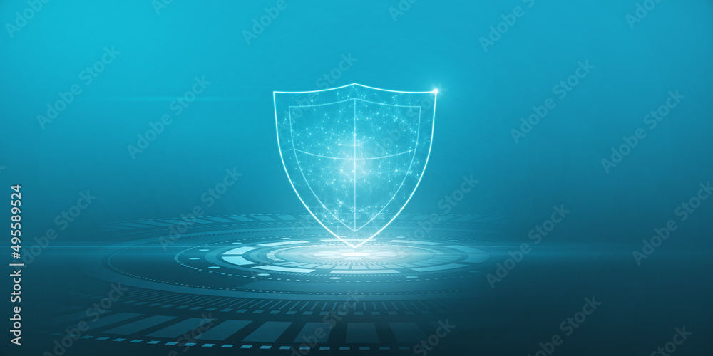 Poster Creative polygonal shield on blue backdrop. Futuristic protection and circuit concept. 3D Rendering.
