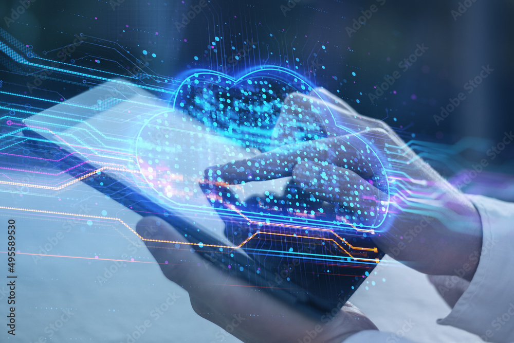 Poster close up of hands using tablet with abstract glowing cloud hologram screen on blurry background. dat