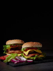 Fresh delicious burger on a dark background