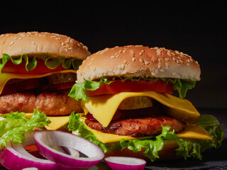 Fresh delicious burger on a dark background