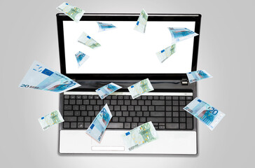 Laptop with mock up and euro bills falling down from above. Flat lay. The concept of financial crisis and investment
