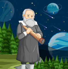 Galileo Galilei cartoon character holding telescope