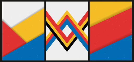 A set of three colorful aesthetic geometric backgrounds. Minimalist social media posters, cover designs, web, home decor. Vintage graphic illustrations with shapes, curves, lines, rectangles.