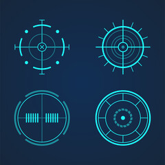 A set of four elements for user interface design. Icons for game design, business. Vector illustration with various lines, circles, stripes. Blue futuristic sight.