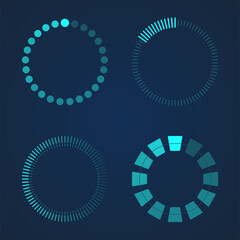 A set of four elements for user interface design. Icons for game design, business. Vector illustration with various lines, circles, stripes. Blue futuristic loading bar.