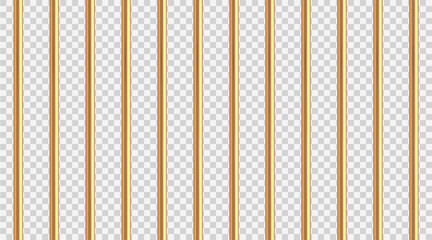 Realistic golden prison bars. Prison fence. Jail grates. Gold jail cage concept. Metal rods. Criminal grid background. Vector pattern. Illustration isolated on transparent background.