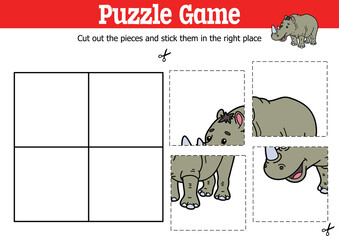 Vector educational kids puzzle game to cut and stick pieces with cartoon rhino  character