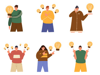 Set with creative male and female characters with light bulbs on white background. Concept of finding brilliant ideas. Lightbulbs as symbol of solutions and knowledge. Flat cartoon vector illustration