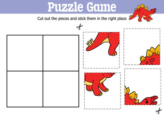 Vector educational kids puzzle game to cut and stick pieces with cartoon dino stegosaurus character © boyusya