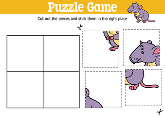 Vector educational kids puzzle game to cut and stick pieces with cartoon mouse character