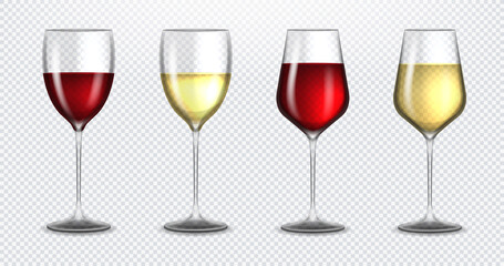 Set transparent vector wine glasses empty, with white and red wine on transparent background. Alcoholic drink. White and red wine. Vector illustration