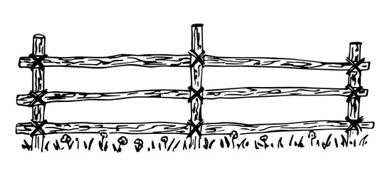 Rustic old wooden fence made of logs. Grass and flowers. Ranch, protection of farm fields, corral for animals. Simple hand drawn black outline vector drawing. Ink sketch. - obrazy, fototapety, plakaty