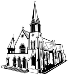 Drawing of a Christian Brick Church from the Front View - Black Illustration Isolated on White Background, Vector - obrazy, fototapety, plakaty