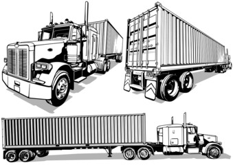 Set of Drawings of an American Truck with a Trailer - Black Illustrations Isolated on White Background, Vector - 495594309
