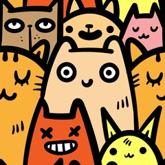 Seamless pattern with cute cats on orange background. Funny animals wallpaper. Vector doodle kittens print.