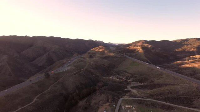 Tejon Pass near Los Angeles, also called the Grapevine, aerial of divided highway.